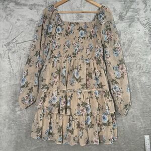 Madden NYC Floral Smocked Mini Dress XL Tan Tiered Cottagecore Coquette Boho